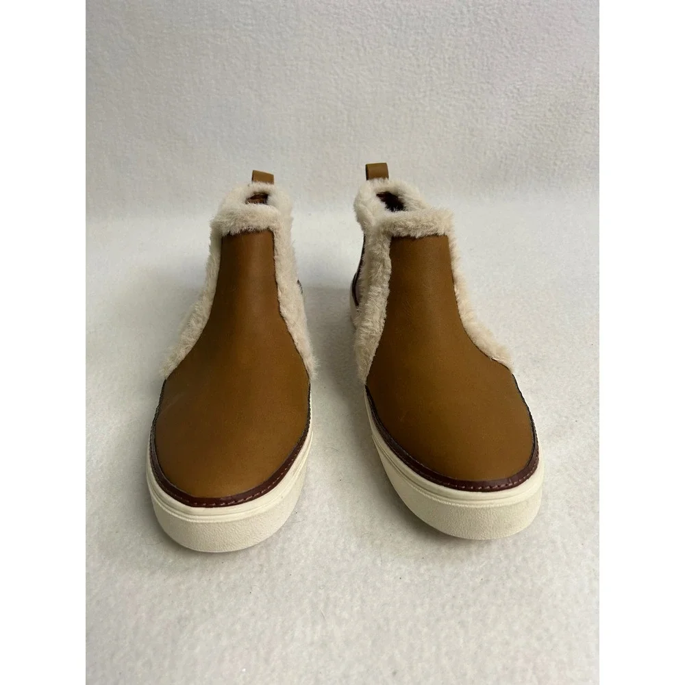 Cozy Winter Gorpcore TOMS Womens 8 Brown Faux Fur Leather Slip On Bootie Sneaker
